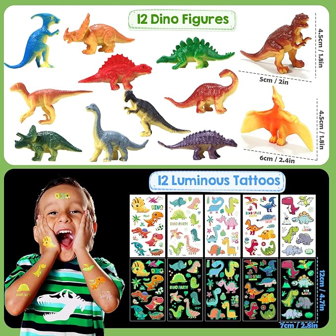 Winrayk 132Pcs Dinosaur Party Favors Dino Birthday Supplies Kids, Mini Dinosaur Figure Bracelet Stamper Glow Sticker Keychain Ring Cartoon Sticker, Pinata Filler Goodie Bag Stuffer Dino Party Favors