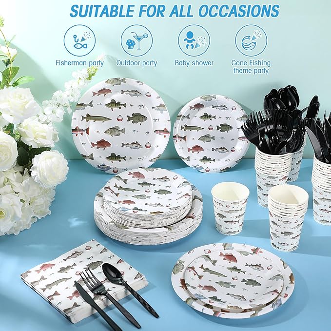 350 Pcs Fishing Party Supplies Tableware Set Disposable 9'' 7'' Paper Plates 9 oz Cups Cutlery Napkins Dinnerware Set for 1st Birthday, Serve 50 (Fishing Birthday, White, Red)
