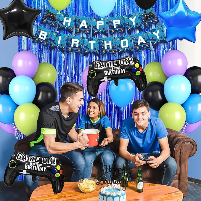 Video Game Theme Party Decorations, Black Blue Purple Green Balloons Happy Birthday Banner Cake Topper Game Foil Balloon Blue Fringe Curtain for Kids Boys Men Birthday Party Decor