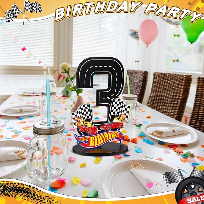 Race Car 3rd Birthday Number Sign Centerpiece Race Car Theme 3rd Birthday Party Supplies Wooden Table Decoration Photo Props for Boys Three Years Old