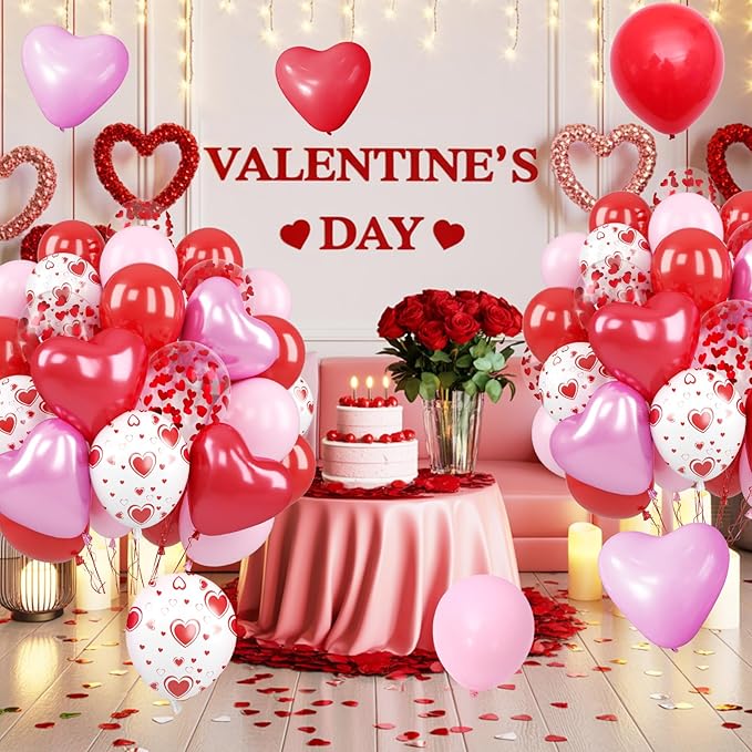 Light Pink and Red Balloons, 12 Inch 50 Pcs Pink and Red Heart Shaped Latex Balloon, White Heart Printed Balloons, for Valentine’s Day Wedding Engagement Anniversary Birthday Party Decorations