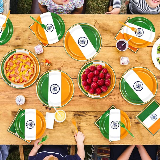 96 Pcs India Flag Party Decorations Disposable Indian Flag Paper Plates and Napkins India Independence Day Tableware Set for 15th August Country Decoration Patriotic Events Party Supplies, Serves 24