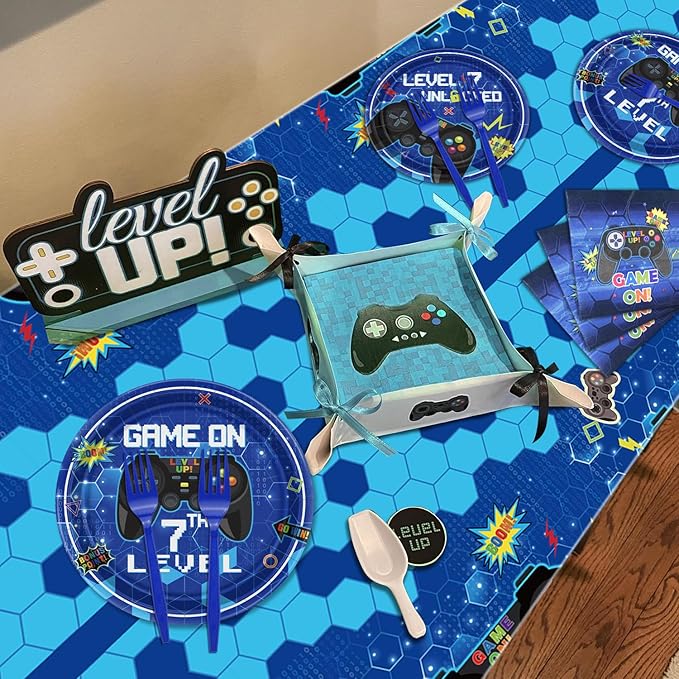 81 Pcs Video Game Party Supplies 7th Birthday Video Game Party Decor Dinner Plates Napkins Video Game Tablecloth Forks Gaming Party Favors for Boy 7th Birthday Party, Serves 20