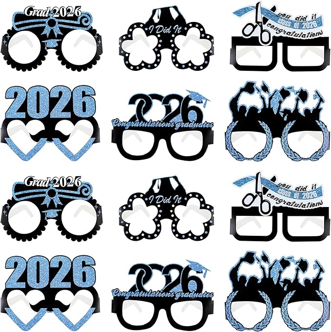 12 Pcs 2026 Graduation Party Glasses Class of 2026 Grad Party Eyeglasses Photo Props for Graduation Party Decorations（Blue）