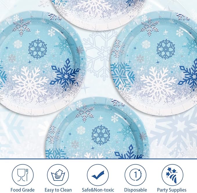 50Pcs Winter Frozen Snowflake Paper Plates 7 Inch Heavy Duty Snowflake Dessert Plates Winter Blue Wonderland Disposable Plate for Girls Winter Xmas Holiday Frozen Birthday Party Decorations