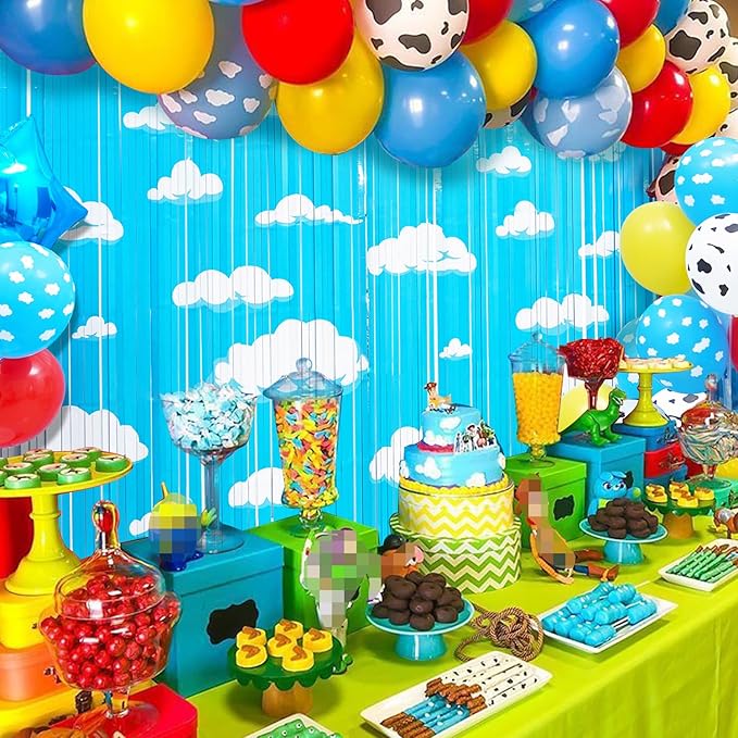Cartoon Toy Inspired Story Birthday Party Decoration, 2 Pack Story Party Photo Booth Prop, Blue Sky White Cloud Fringe Curtains Tinsel Photo Streamers Backdrop for Cartoon Story Party Supplies