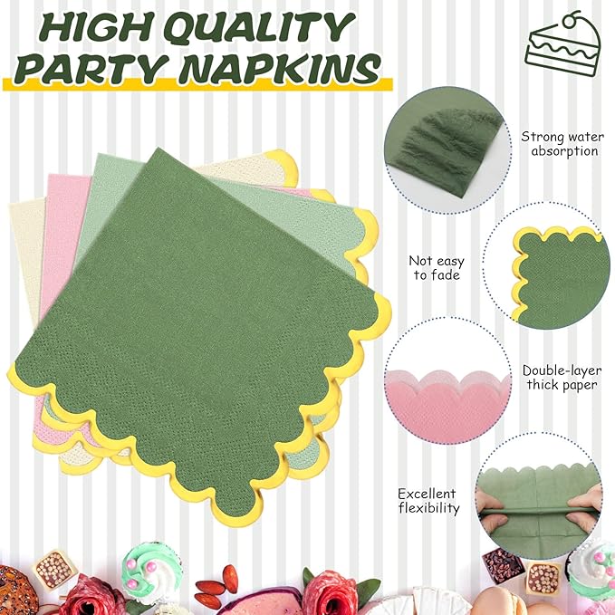 96 Pcs Pink Sage Green Gold Plates Party Supplies Severs, Guests Disposable Party Decorations, 7'' and 9'' Scalloped Paper Plates, Cocktail Napkins Plastic Forks for Birthday Wedding