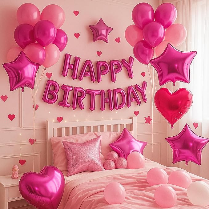 29PC Hot Pink Happy Birthday Balloon Banner, 16 Inch 3D Letter Banner Sign, Pink Hot Pink Metallic Balloons 18 Inch Star Heart Foil Balloons for Women, Girls Party Decorations
