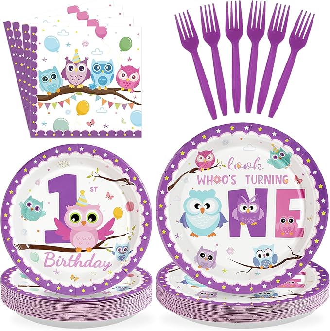 96Pcs Owl 1st Birthday Party Supplies Cute Owl Plates and Napkins Look Whoo's Turning One Tableware Set for One Years Old Boys Girls Animals Theme Birthday Party Decorations Serves 24