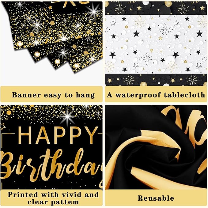 Black and Gold Birthday Decorations for Men Women, 37pcs Black and Gold Party Decorations with Backdrop, Tablecloth, Confetti Balloons, Banner, Balloon Arch Kit for Birthday Party