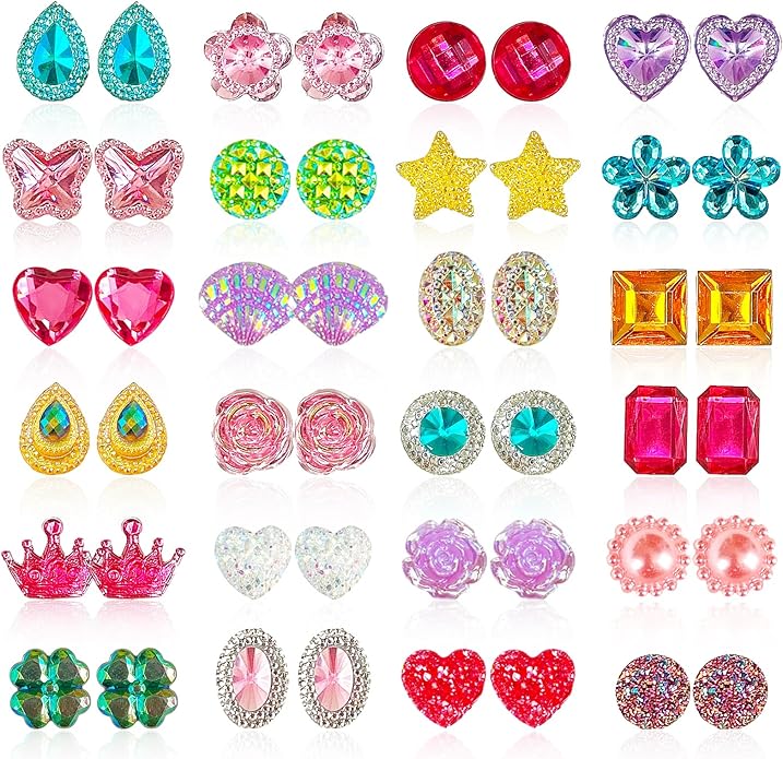 24 Pairs Clip On Earrings Little Girl Party Favor Princess Clip on Earrings Dress Up Pretend Play Earrings for Little Girl Kids Toddlers Jewelry Set