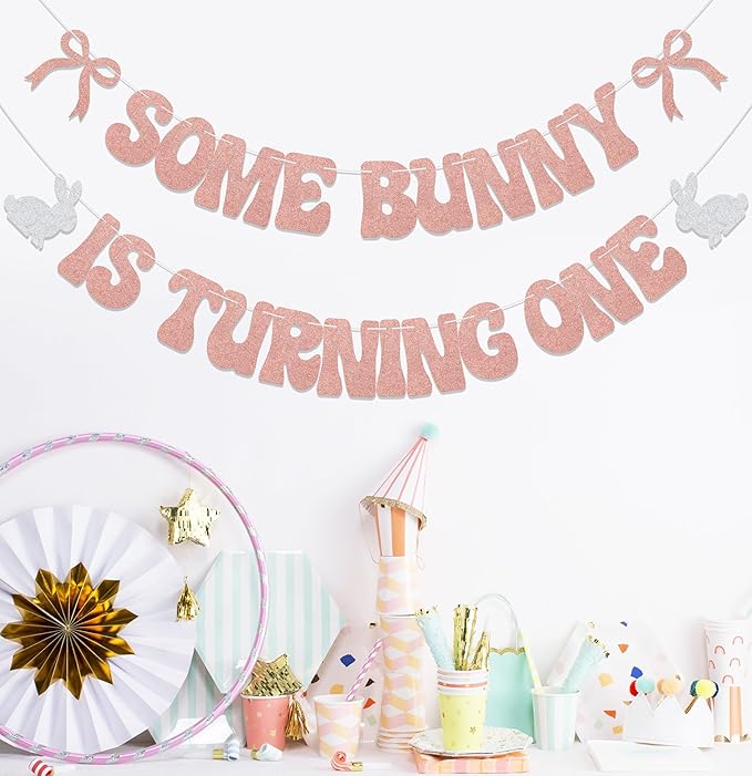 Some Bunny is Turning One Banner Some Bunny Is One Decorations Happy Easter 1st Birthday Party Decoration Supplies Rose Gold Glitter