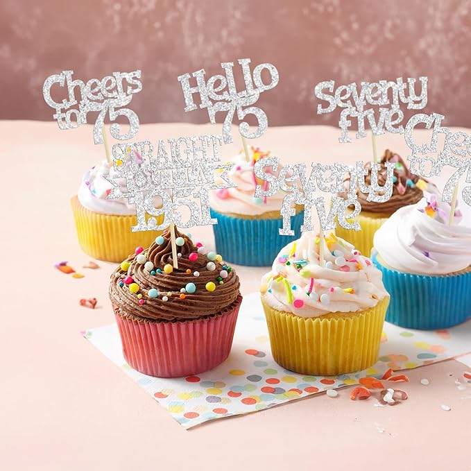 Ephlyn 24Pcs 75th Birthday Cupcake Toppers Glitter Straight Outta 1951 Cupcake Picks Hello 75 Cheers to 75 Years Cake Decorations for 75th Birthday Anniversary Party Decorations Supplies Silver