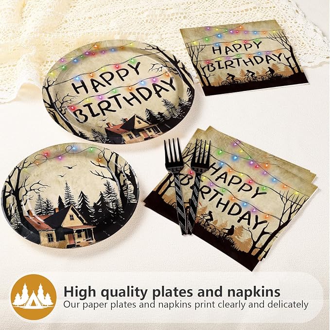 96Pcs Spooky Rustic Alphabet Decorations Retro Scary House Plates and Napkins Tableware Sets Retro Colorful Light Bulbs Party Decorations for Kids Birthday Stranger Party Supplies Serves 24