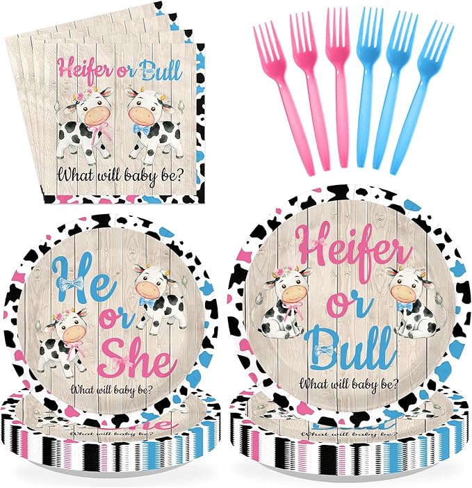 96Pcs Cow Gender Reveal Decorations Pink Blue He Or She Plates and Napkins Disposable Heifer or Bull Holy Cow Paper Tableware for Baby Boy or Girl Cowgirl Cowboy Gender Reveal Party Supplies Serves 24
