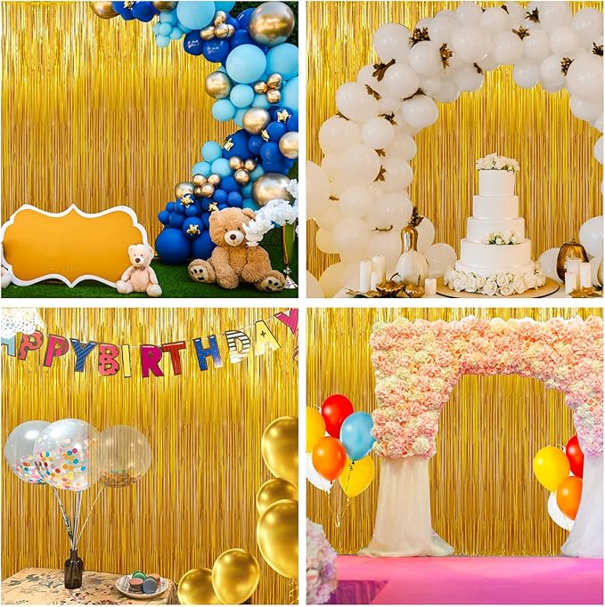 Birthday Party Decorations: 3 Pack 3.3 x 9.9 ft Gold Foil Fringe Curtains Party Supplies, Tinsel Curtain Backdrop for Parties/Birthday/Photo Booth