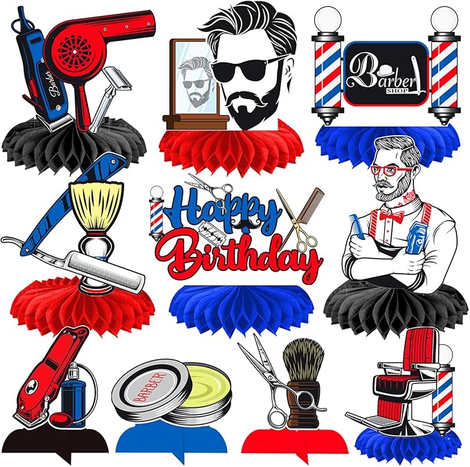 Barber Party Honeycomb Centerpieces 12PCS Barbershop Birthday Decorations Barber Hairstylist Party Table Centerpieces Barber Party Table Decorations for Salon Haircut Graduation Supplies