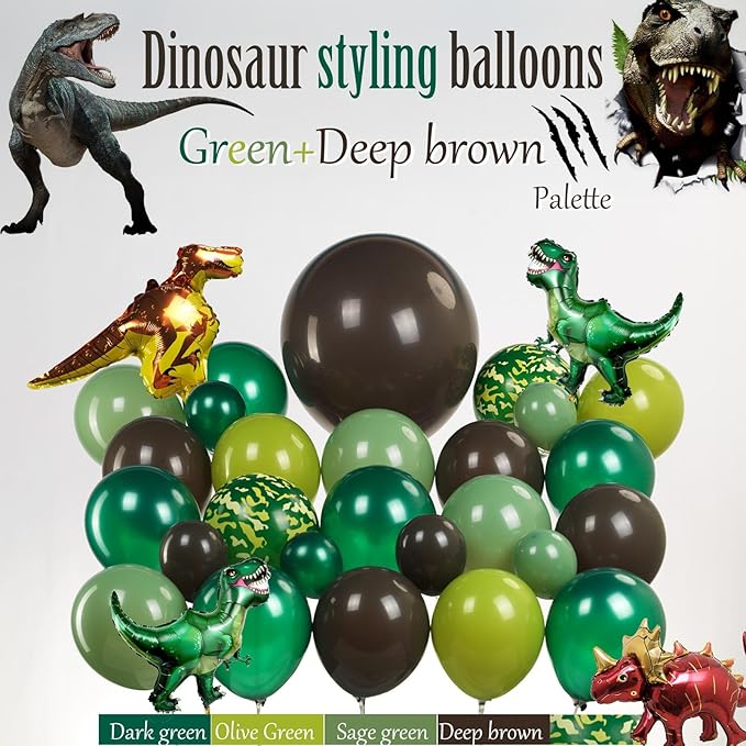 Dinosaur Trunk or Treat Car Party Balloon Arch Garland Kit with Dark Green Sage Green Brown Dino Foil Balloons for suv SUV Car Archway Garage Dinosaur T-REX Theme Halloween Decoration Supplies