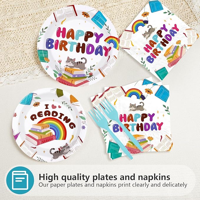 96Pcs Book Theme Birthday Party Supplies I Love Reading Plates and Napkins Library Reading Themed Tableware Set for Club Back to School Book-Themed Birthday Party Supplies，Serves 24