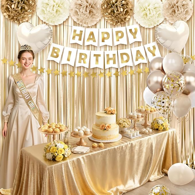 Golden Birthday Party Decorations for Women Girls , 46Pcs Gold Birthday Decorations Include Birthday Girl Sash Crown Fringe Curtain Balloons for Women Girls Party Supplies