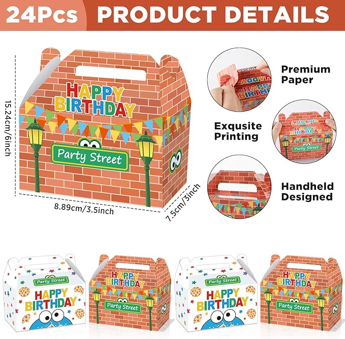 24 Pcs Street Theme Birthday Party Supplies Street Red Brick Wall Goodie Gift Boxes Cookie Theme Cartoon Friends Party Treat Boxes for Kid Boys Girls Green Monster Birthday Baby Shower Decoration