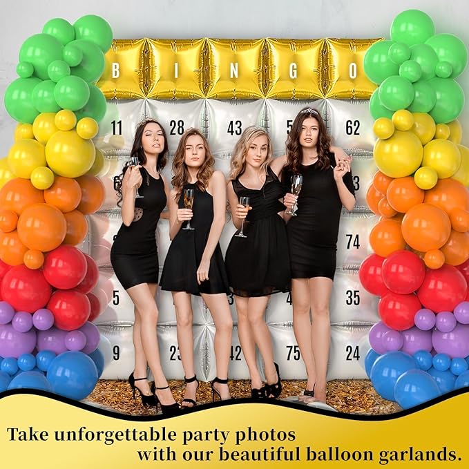 102Pcs Bingo Game Party Balloons Garland Arch Kit Black Gold and Silver Double Sided Square Foil Balloon Wall Backdrop with Colorful Latex Balloons & Letter Sticker for Bingo Party Birthday Decoration