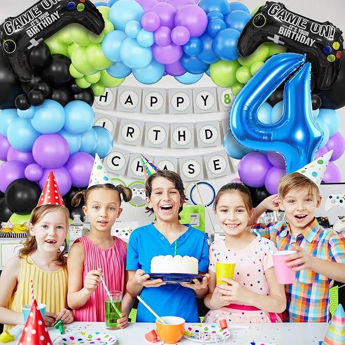 4th Birthday Video Game Balloons Arch, 4th Game Party Balloons Garland Kit 4th Game Birthday Supplies with Blue Number 4 Balloon for 4 Year Old Teens Boys Birthday Decor