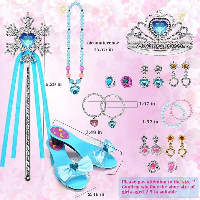 Princess Dress Up Girls Shoes - Toddler Heels Play Shoes & Pretend Jewelry Accessories Sets,Toys for Girls with Kids Crown, Wand, Necklace, Ring, Bracelet, Earring for Little Girls Aged 3 - 6 Birthday