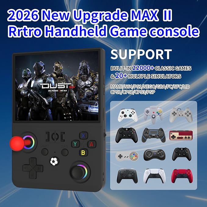 Newest R36MAX Ⅱ 4.5 Inch Retro Handheld Game Console, 720x720 IPS HD Screen, 128G Built-in 22000+ Classic Game, Portable Open Source Linux System, 4000mAh Battery with Arcade Joysticks (Red)