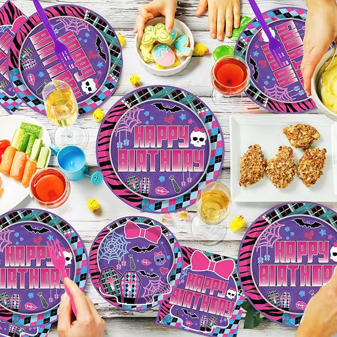 96 Pcs Monster Girl High Birthday Party Supplies Monster Skull Plates and Napkins Purple Belted Skull Tableware Set for Girls Baby Shower Birthday Themed Parties Supplies, Serves 24