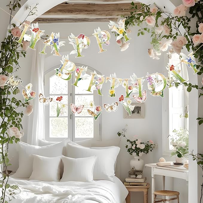 Paper Jazz Wildflower Party Birthday Banner,Butterfly Happy Birthday Banner,Floral Party Decorations for Garden Tea Party Baby Shower For Girl and Women