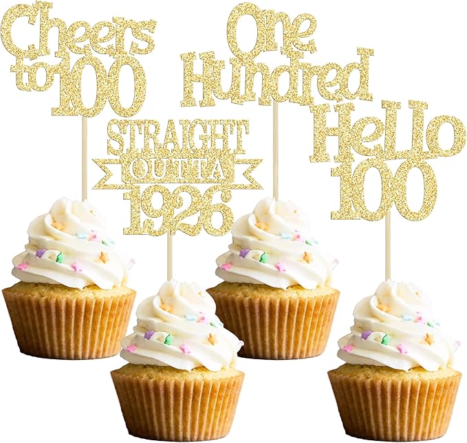 Ephlyn 24Pcs Happy 100th Birthday Cupcake Toppers Glitter Straight Outta 1926 Cupcake Picks Hello 100 Cheers to 100 Years Birthday Cake Decorations for 100th Anniversary Party Supplies Gold