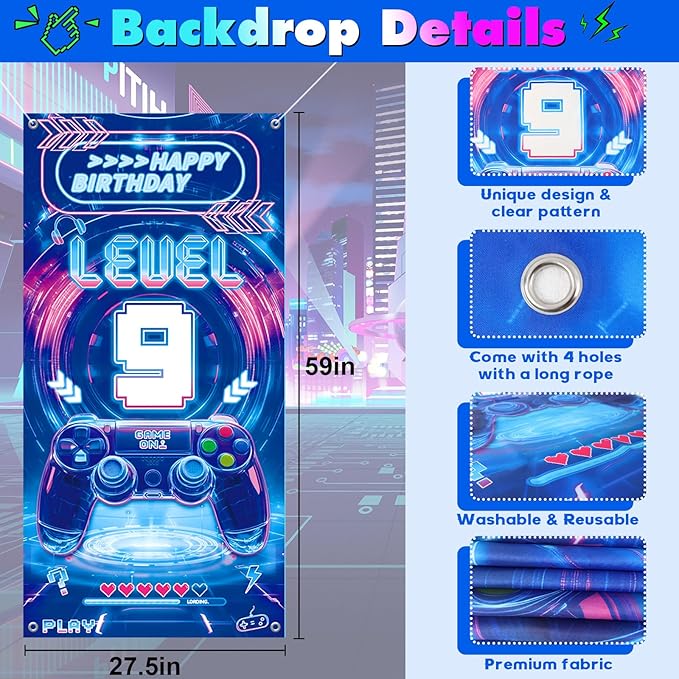 Video Game 9th Birthday Decorations for Boys, Level 9 Birthday Decorations Include Banner Backdrop Sash Honeycomb Centerpieces Hanging Swirls Stickers Cake Topper for Gamer Birthday Party Supplies
