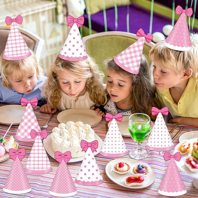 24pcs Pink Cat Party Hats Bow Birthday Party Supplies Cartoon Cute Cone Hats Pink Cat Stripe Dot Paper Hat with Elastic String for Girls Baby Shower Bridal Shower Decorations