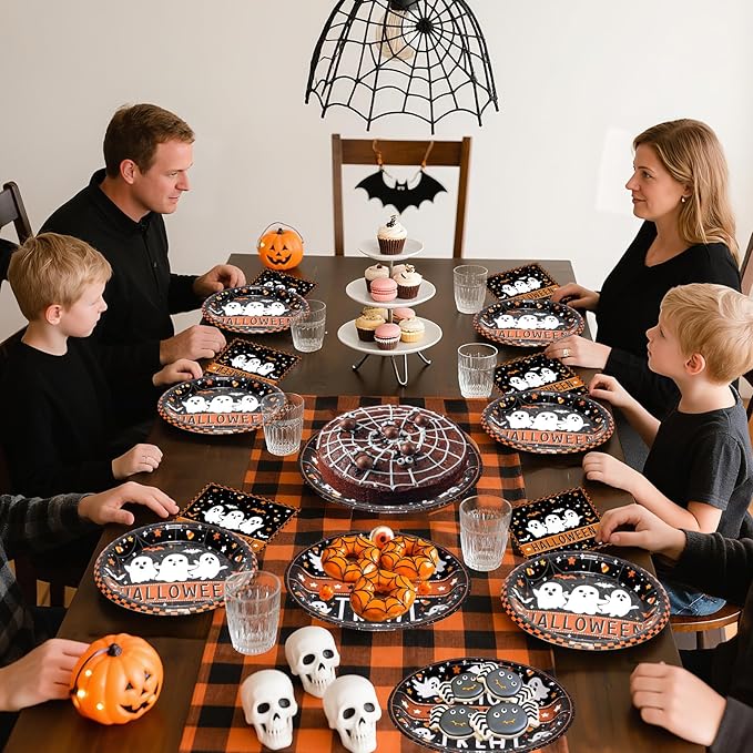 150 Pcs Happy Halloween Plates and Napkins Set - Trick or Treat Ghost Paper Tableware, Disposable Dinner Dessert Paper Plates Napkins Kit for Halloween Table Decorations Party Supplies, Serve 50