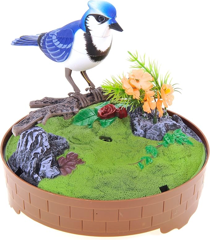PowerTRC Singing & Chirping Bird in Cage, Realistic Sounds & Movements, Sound Activated, Battery Operated, Great Desk and Room Accessory, Pet Caged Bird Toy (10” x 7”)