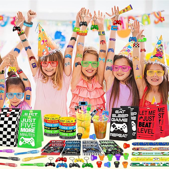 120 PCS Video Game Party Favors, Gamer Gaming Party Favors - Glasses Invisible Ink Pens Notebooks Drinking Straws Stamps Tattoo Stickers Gift Bags for Game On Birthday Parties Favor Supplies