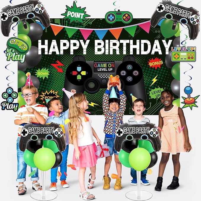 77Pcs Video Game Birthday Party Decorations Kit – Gamer Party Supplies with Happy Birthday Backdrop, Hanging Swirls, Foil Balloons, Colorful Balloons, Table Cover & Cake Topper for Game Theme Party