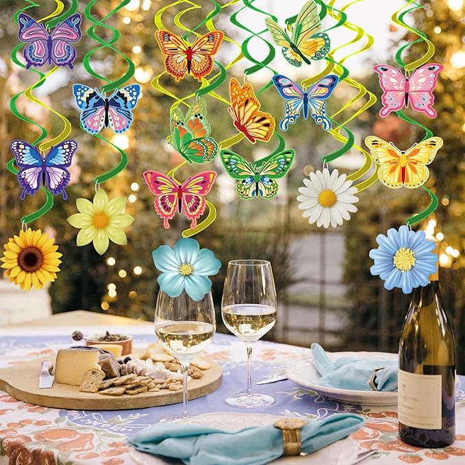 33pcs Spring Hanging Decorations for Home, Flower Butterfly Hanging Swirl Streamers for Spring Summer Easter Flower Butterfly Themed Birthday Party Classroom Decorations