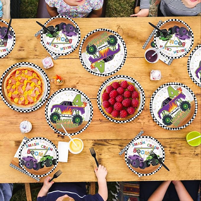 96Pcs Monster Theme Truck 4th Birthday Party Decoration Monster Birthday Plates and Napkins Green Purple Truck Disposable Paper Tableware Set for Kids Boys 4th Party Supplies Serves 24