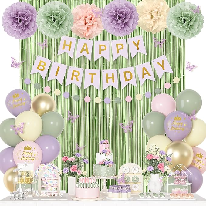 Fairy Birthday Decorations for Women Girls, Lavender Green Pastel Pink Yellow Metallic Printed Balloons Butterfly Stickers Fringe Curtain Happy Birthday Banner Circle Dot Paper Pompom Party Supplies