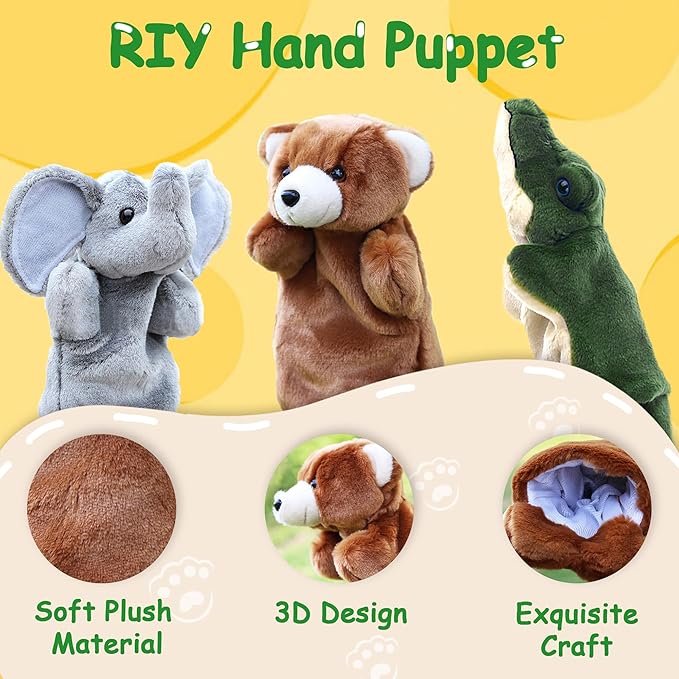 RIY Hand Puppets for Kids - Forest Friend Animals Educational Puppet, Set of 6(Bear, Elephant, Wolf, Tiger, Monkey, Crocodile)