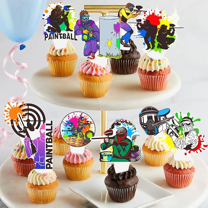 Paintball Cupcake Toppers 48PCS Paintball Birthday Party Decorations Colorful Splash Shooting Game Cake Toppers Paintball Cupcake Decorations for Sport Theme Party Supplies