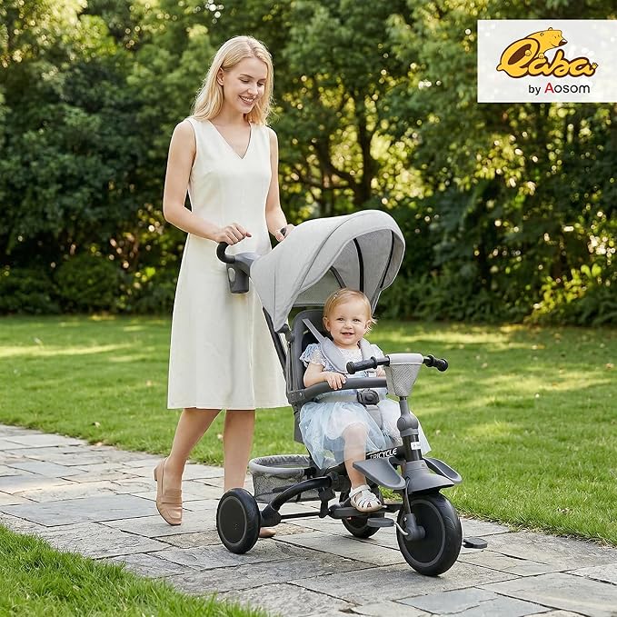 Qaba Kids Tricycle, 6 in 1 Foldable Baby Trike with Adjustable Push Handle, Tricycle Stroller with Removable Canopy, Reversible Seat, Safety Harness, Detachable Guardrail, Storage for 1-5 Years, Gray