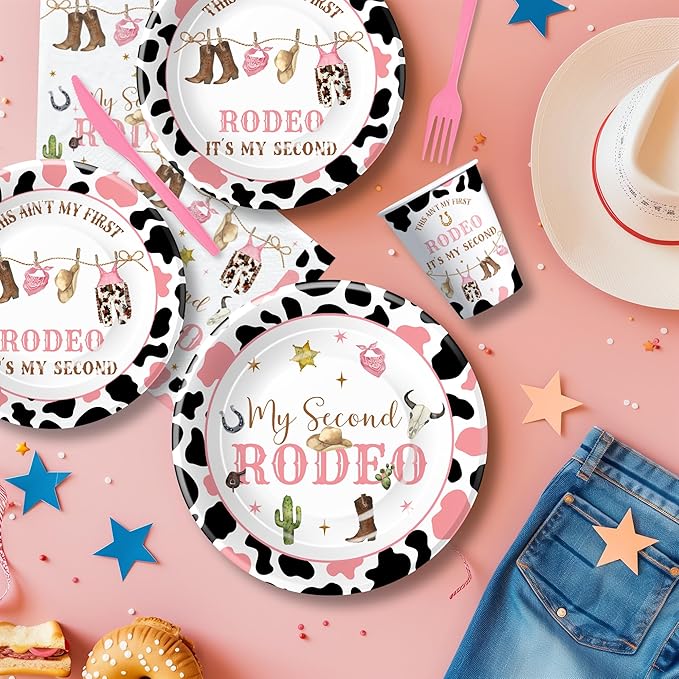 Western Cowgirl 2nd Birthday Party Supplies, Wild West My Second Rodeo Birthday Decorations Tableware Girl, Paper Plate, Cup, Napkin, Fork | Serve 24