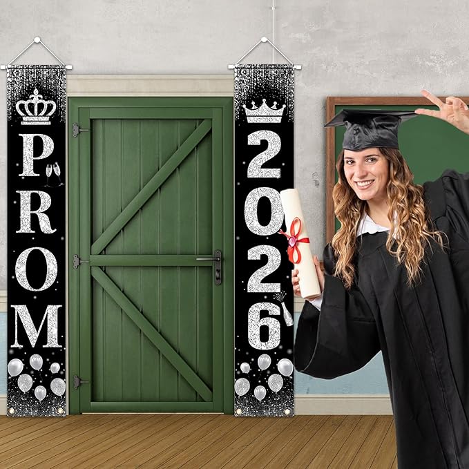 Prom Send Off Decorations 2026 Porch Sign, Black and Silver Prom Banner for Door 2026 Prom Decorations Door Banner Prom Party Decorations for High School College Graduation Prom Party Supplies