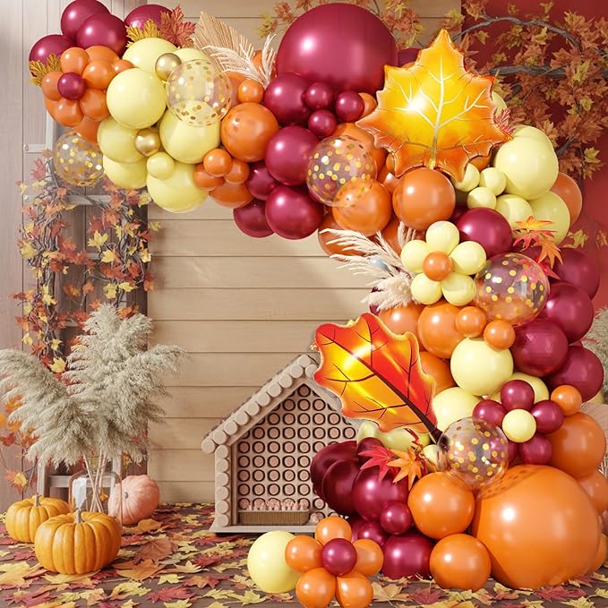 Fall Balloon Arch Kit, Thanksgiving Balloon Garland with Wine Red Orange Pastel Yellow Balloons with Leaf Foil Balloons for Thanksgiving Autumn Fall Birthday Baby Shower Party Decorations