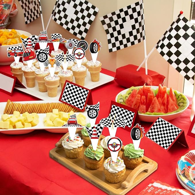 48 Pack Race Car Cupcake Toppers and Wrappers, Race Car Party Cake Decoration for Racing Checkered Theme Birthday Party Baby Shower Supplies