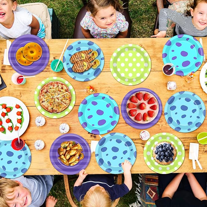 48PCS Monster Birthday Party Paper Plates for Monster Theme Party Table Supplies 7" Cartoon Blue Green and Purple Disposable Dessert Plates Tableware for Kids Birthday Baby Shower Decorations