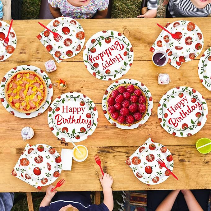 96Pcs Funny Tomato Birthday Party Decorations Red and Green Fresh Plates and Napkins Tomato Decor Tableware Favors for Baby Shower Boys Girls Happy Birthday Party Supplies Serves 24